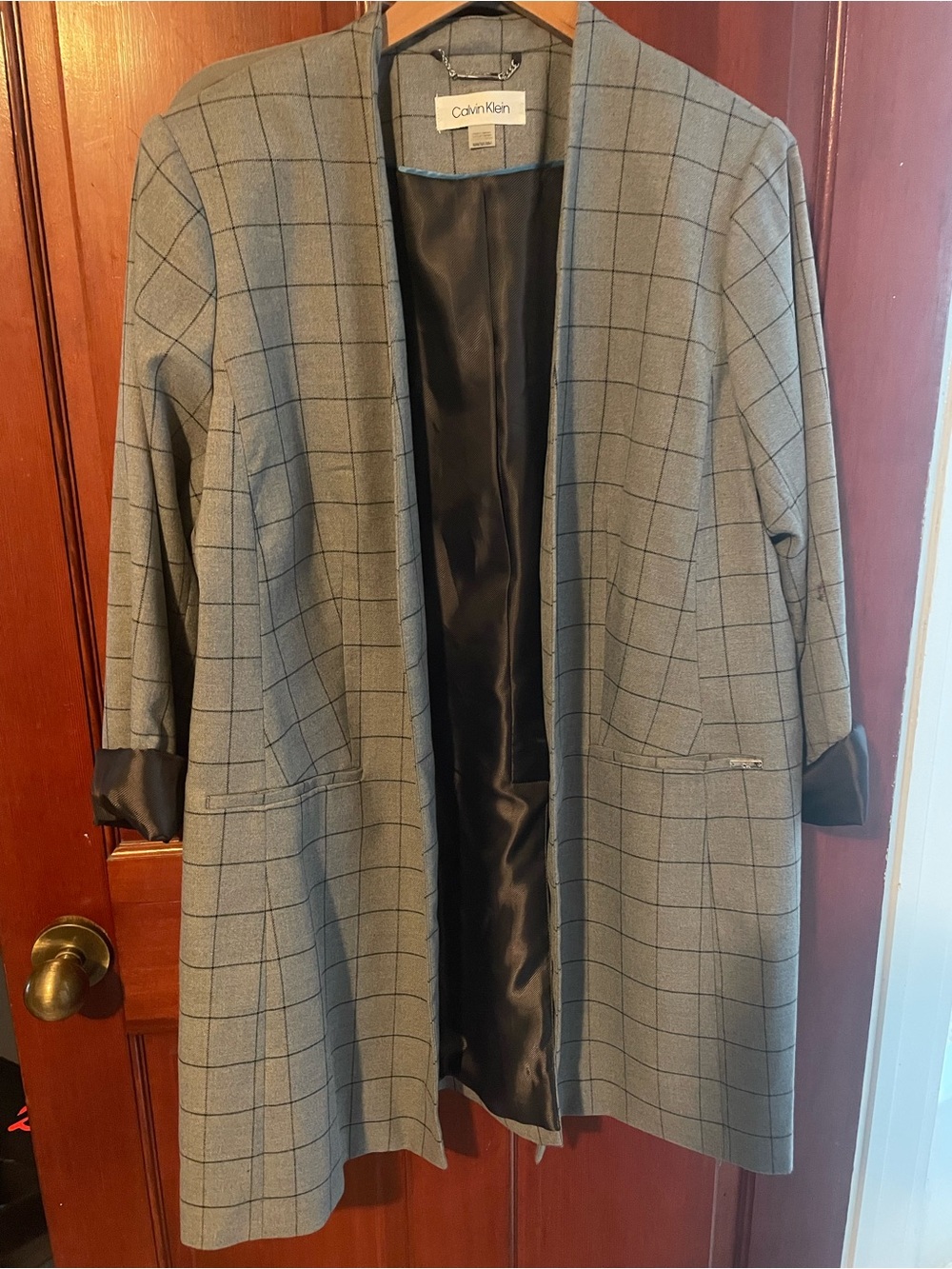Calvin Klein Gray Windowpane Open-Front Blazer Coat